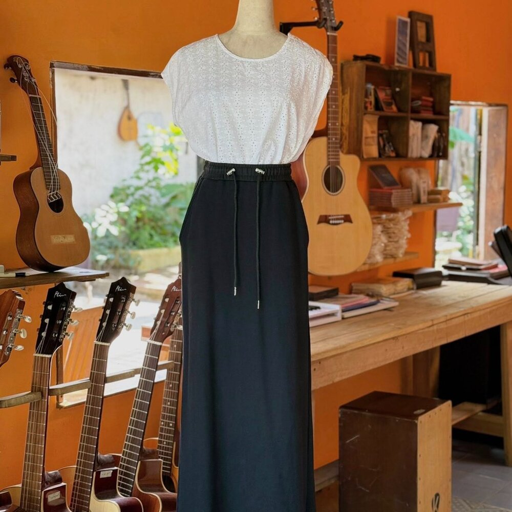 White Eyelet Lace Top + Black Maxi Skirt Set Two Piece Outfit